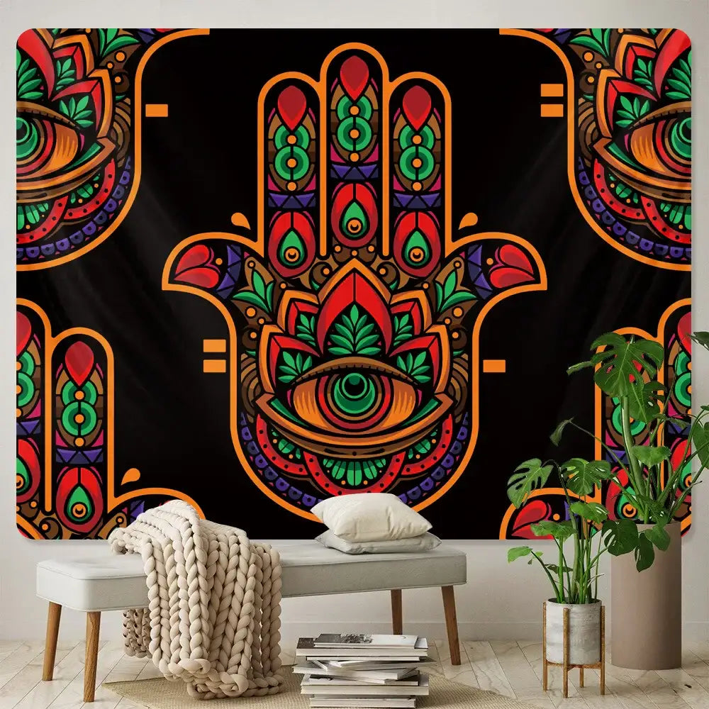 Boho colorful lucky hand mandala tapestry bedroom wall hanging