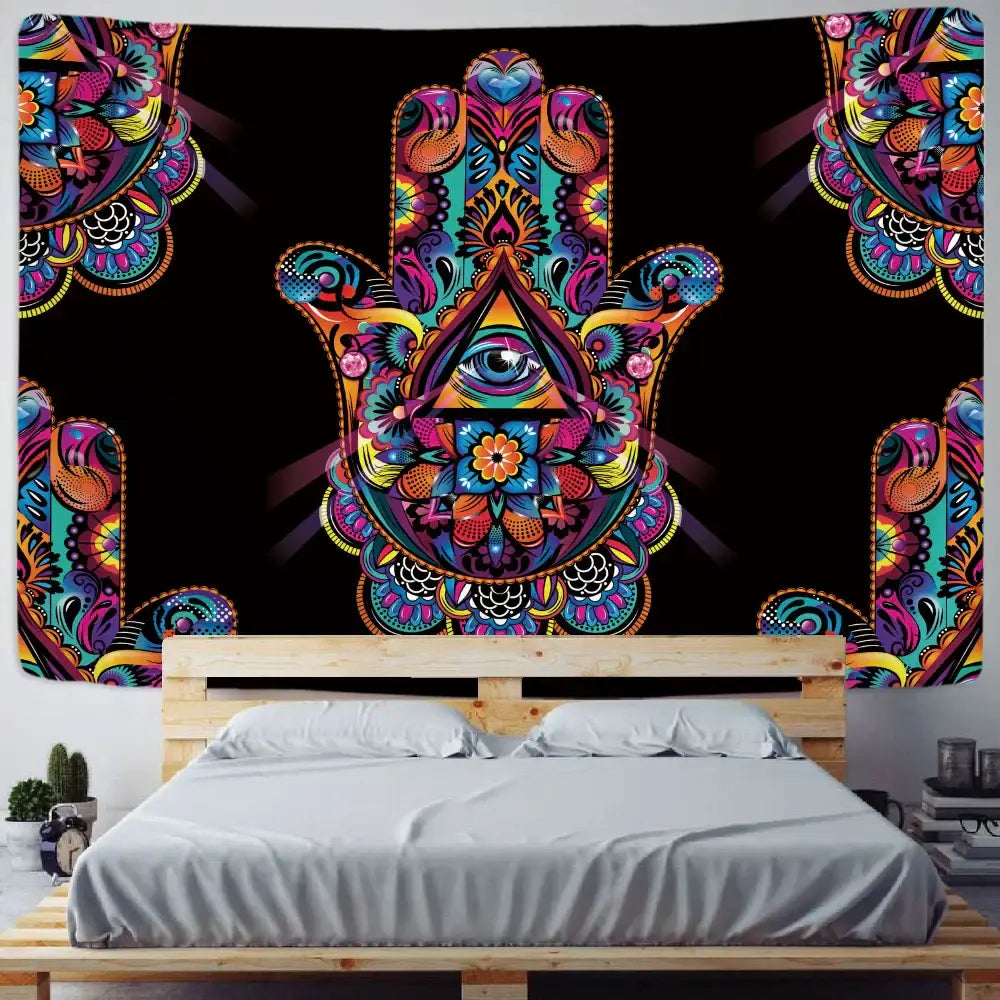 Boho colorful lucky hand mandala tapestry bedroom wall hanging