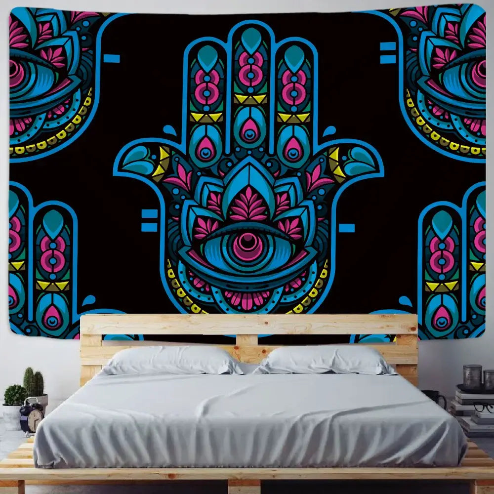 Boho colorful lucky hand mandala tapestry bedroom wall hanging