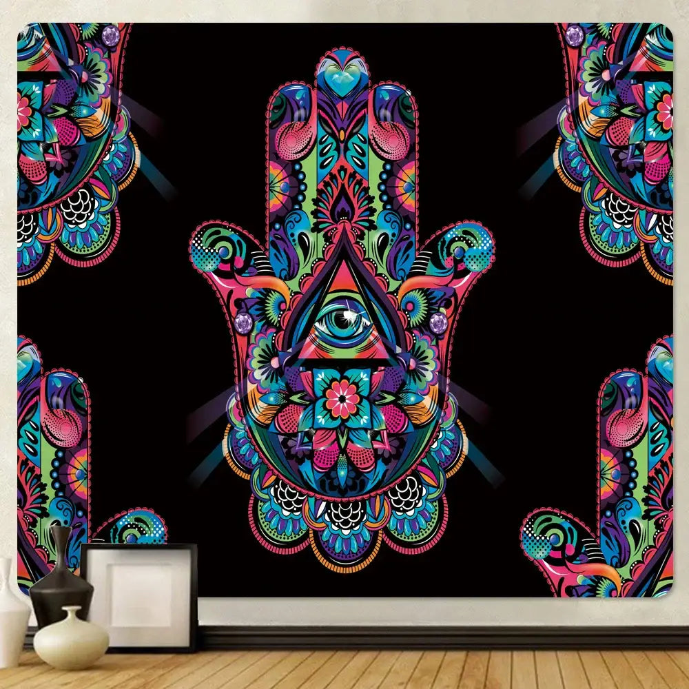 Boho colorful lucky hand mandala tapestry bedroom wall hanging
