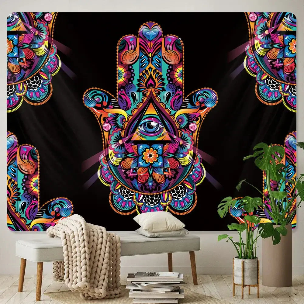 Boho colorful lucky hand mandala tapestry bedroom wall hanging