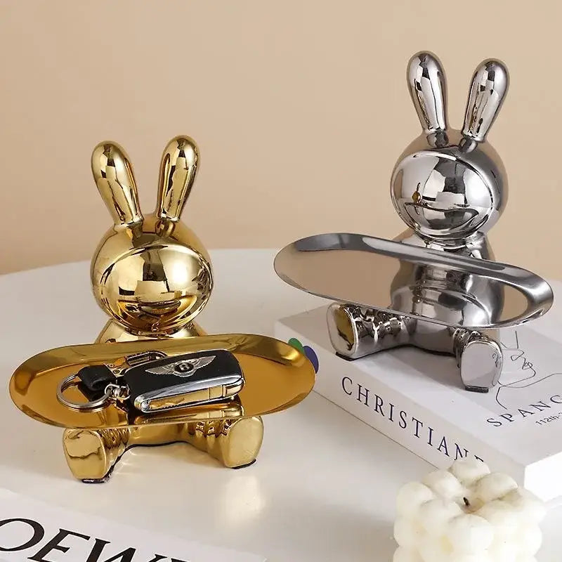Modern gold & silver lucky rabbit key tray living room decor