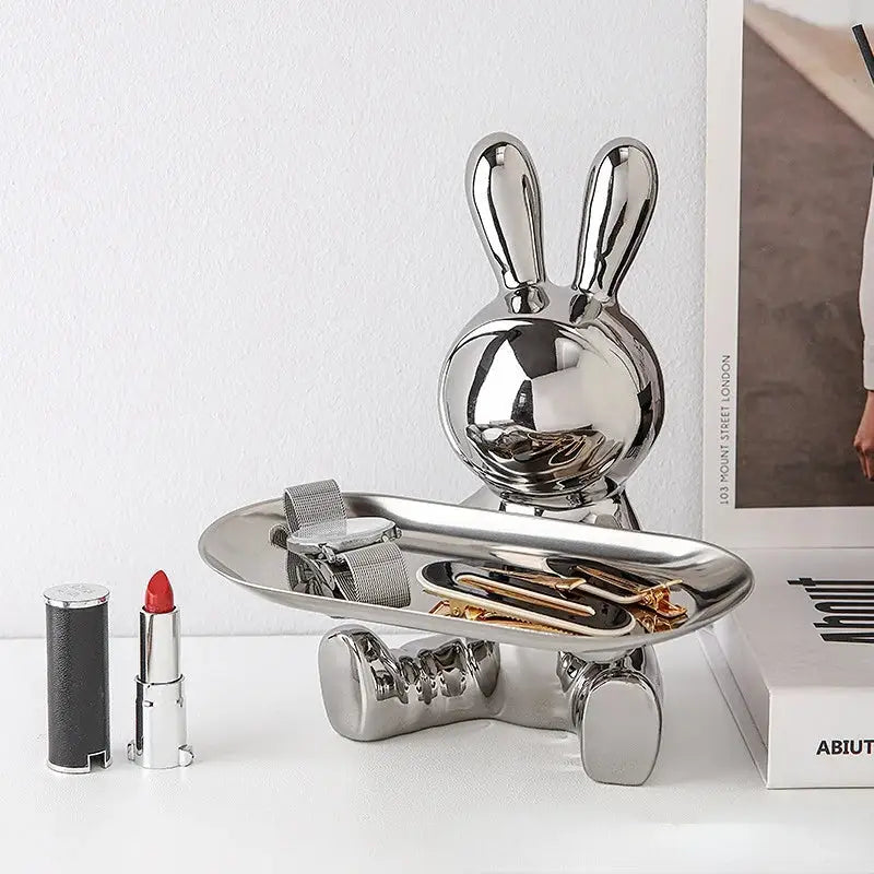 Modern gold & silver lucky rabbit key tray living room decor