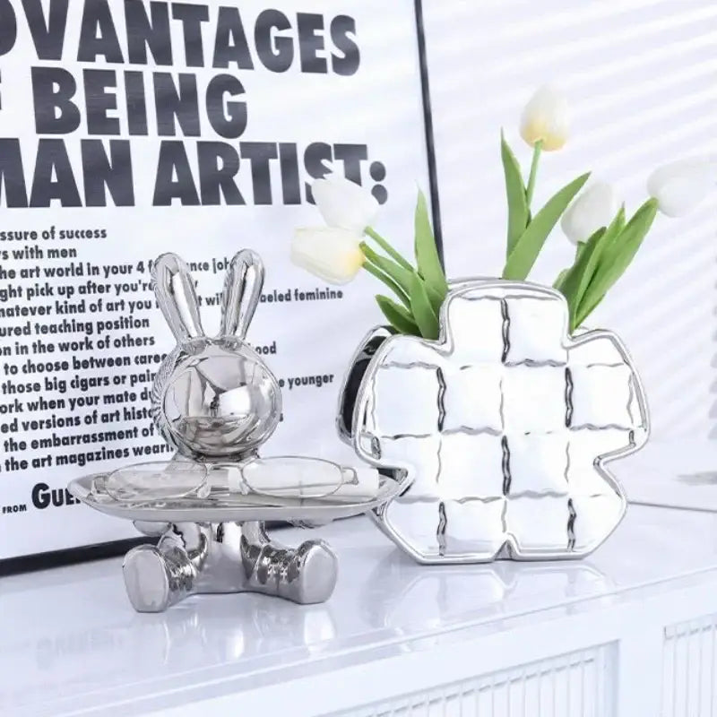 Modern gold & silver lucky rabbit key tray living room decor
