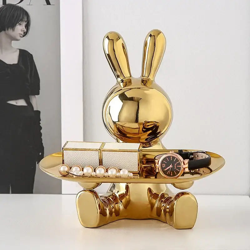 Modern gold & silver lucky rabbit key tray living room decor