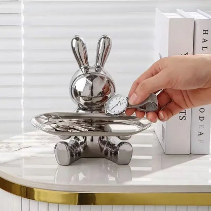 Modern gold & silver lucky rabbit key tray living room decor