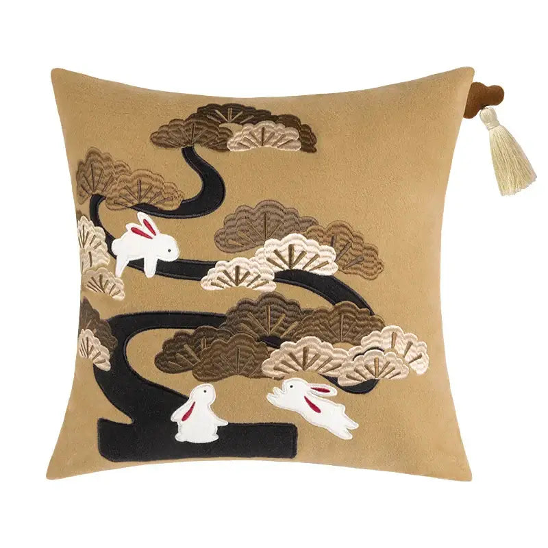 Lucky rabbit pine forests tan velvet cushion bedroom pillow with tassels