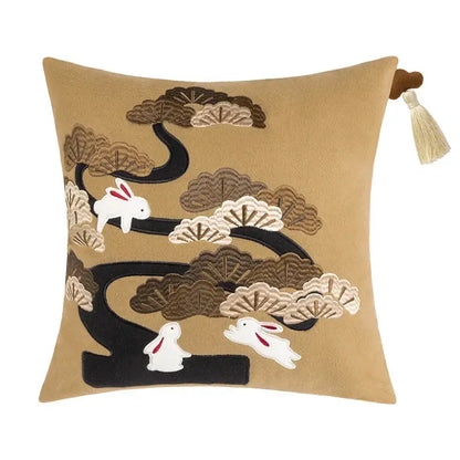 Lucky rabbit pine forests tan velvet cushion bedroom pillow with tassels