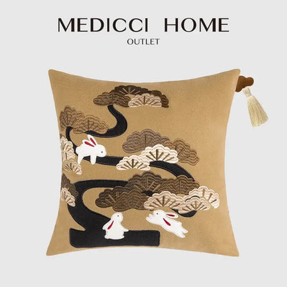 Lucky rabbit pine forests tan velvet cushion bedroom pillow with tassels