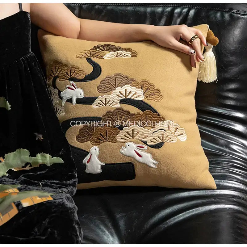 Lucky rabbit pine forests tan velvet cushion bedroom pillow with tassels