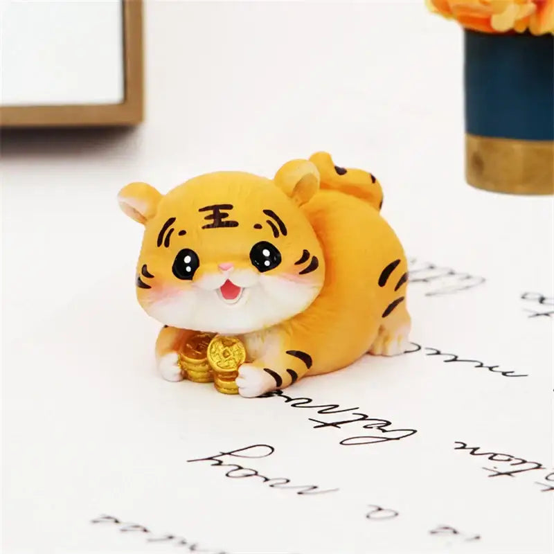 Lucky tiger figurine yellow living room new year decor holding gold bars