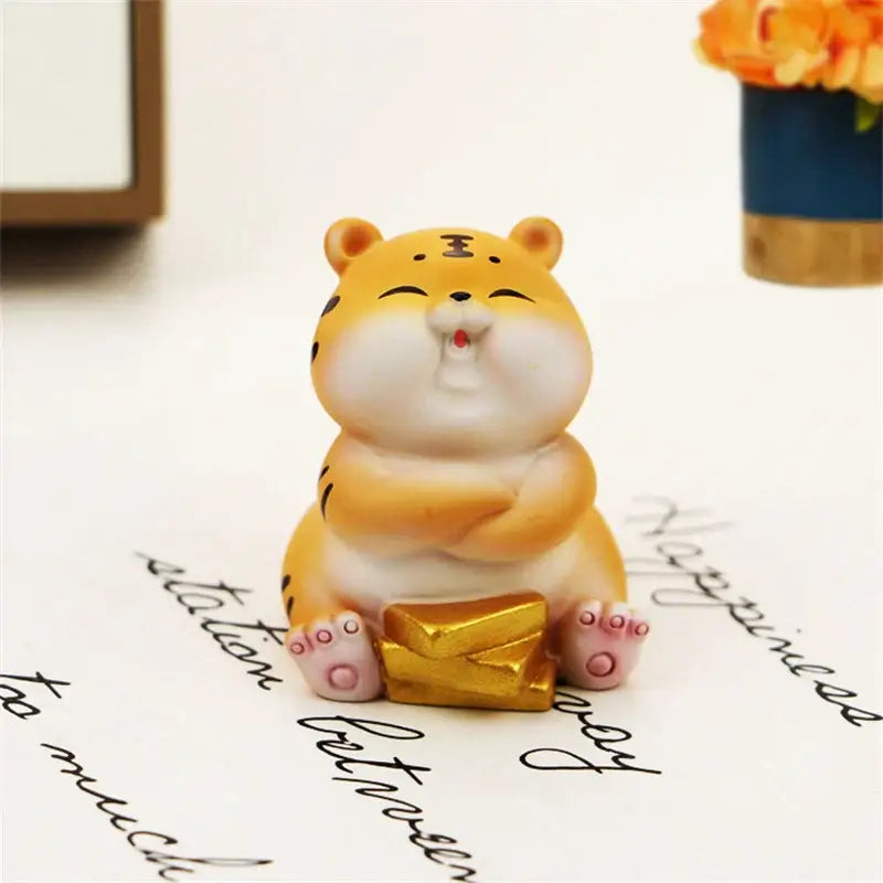 Lucky tiger figurine yellow living room new year decor holding gold bars