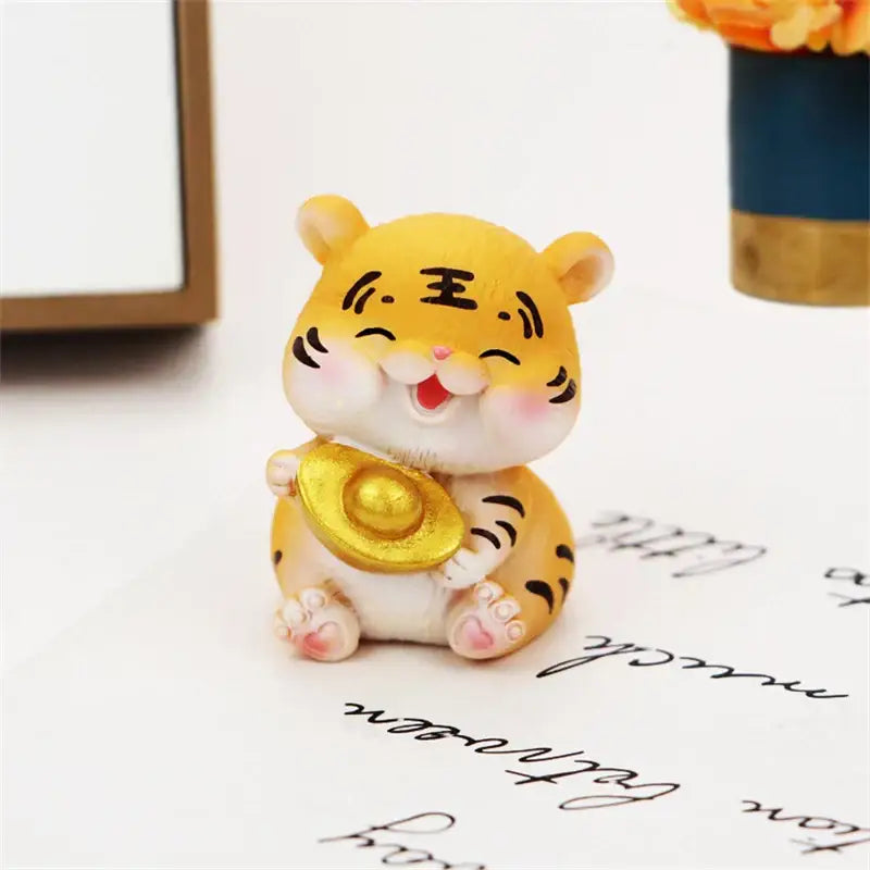 Lucky tiger figurine yellow living room new year decor holding gold bars