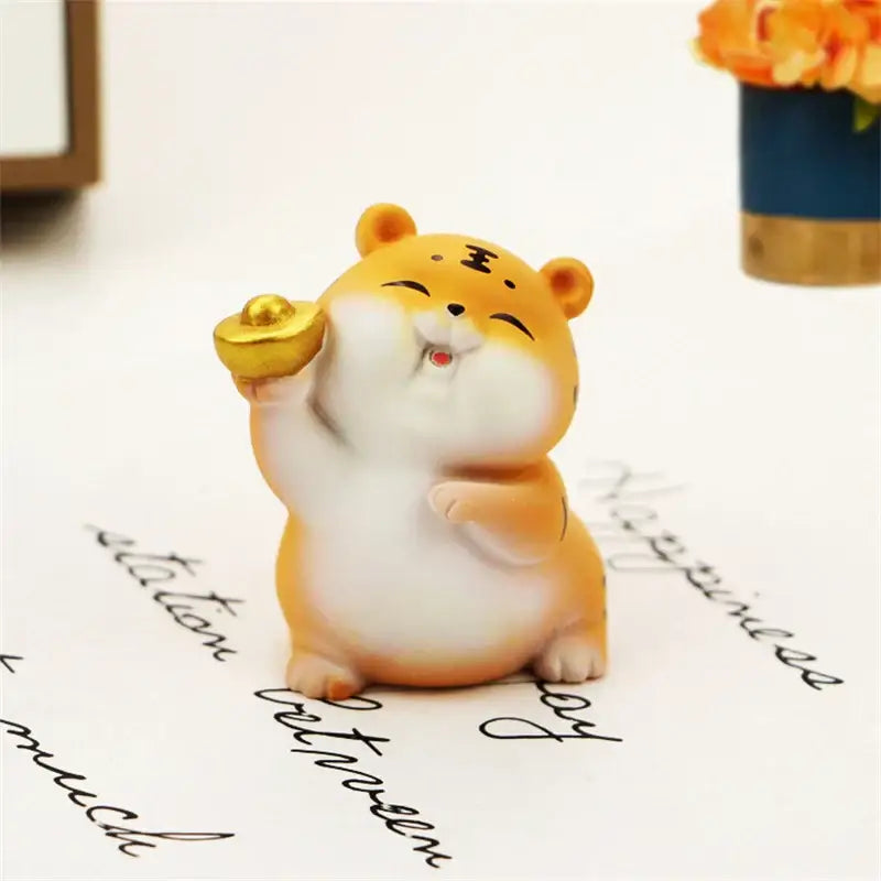 Lucky tiger figurine yellow living room new year decor holding gold bars