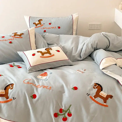 Light blue rocking horse lucky trojan cotton bedding set bedroom