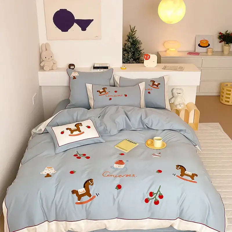 Light blue rocking horse lucky trojan cotton bedding set bedroom