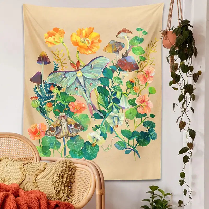 Boho beige luna moth tapestry bedroom botanical wall hanging