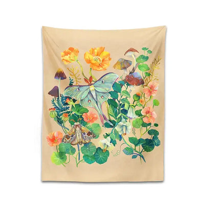 Boho beige luna moth tapestry bedroom botanical wall hanging