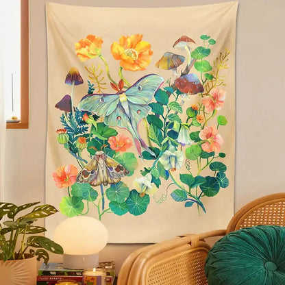 Boho beige luna moth tapestry bedroom botanical wall hanging