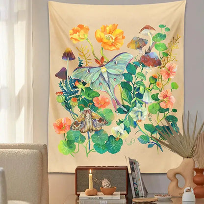 Boho beige luna moth tapestry bedroom botanical wall hanging