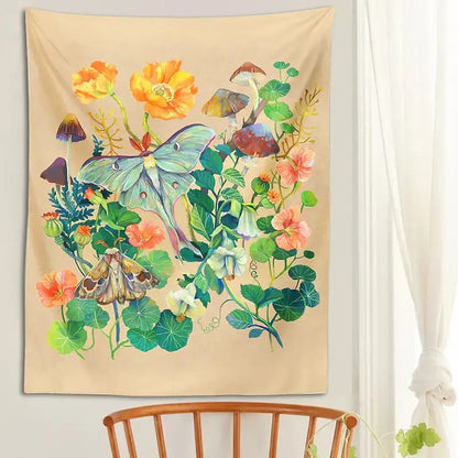 Boho beige luna moth tapestry bedroom botanical wall hanging