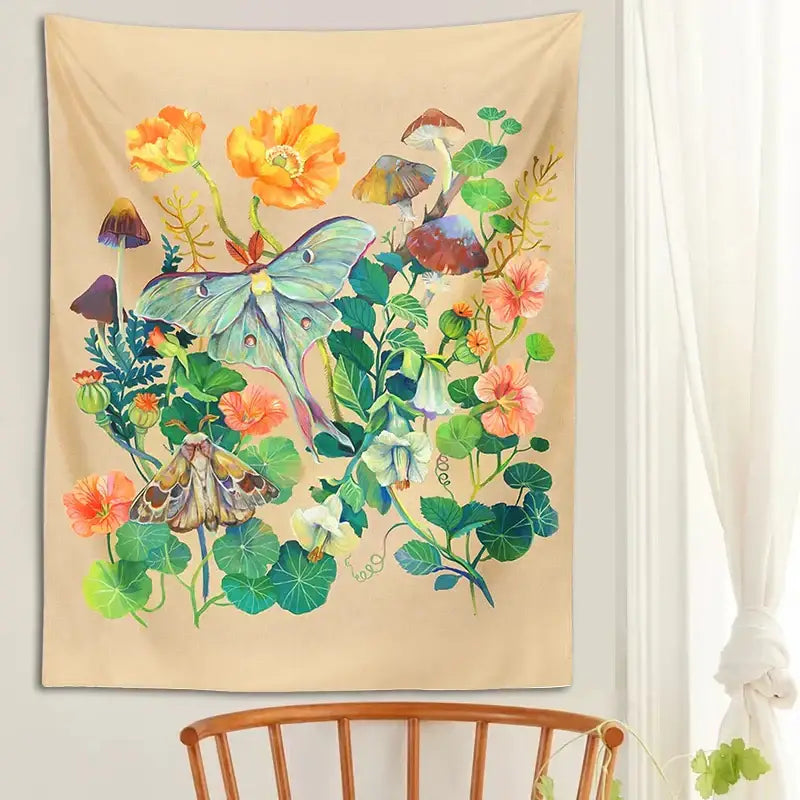 Boho beige luna moth tapestry bedroom botanical wall hanging