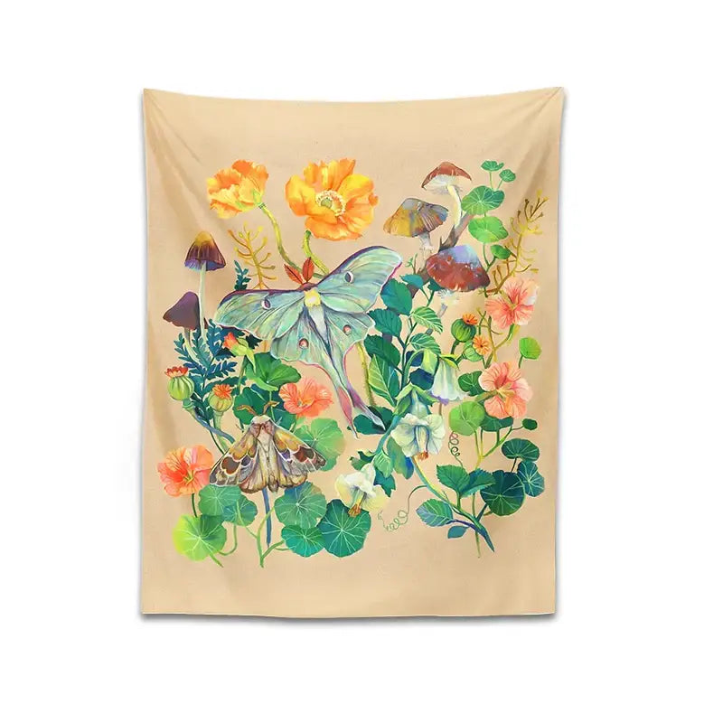 Boho beige luna moth tapestry bedroom botanical wall hanging