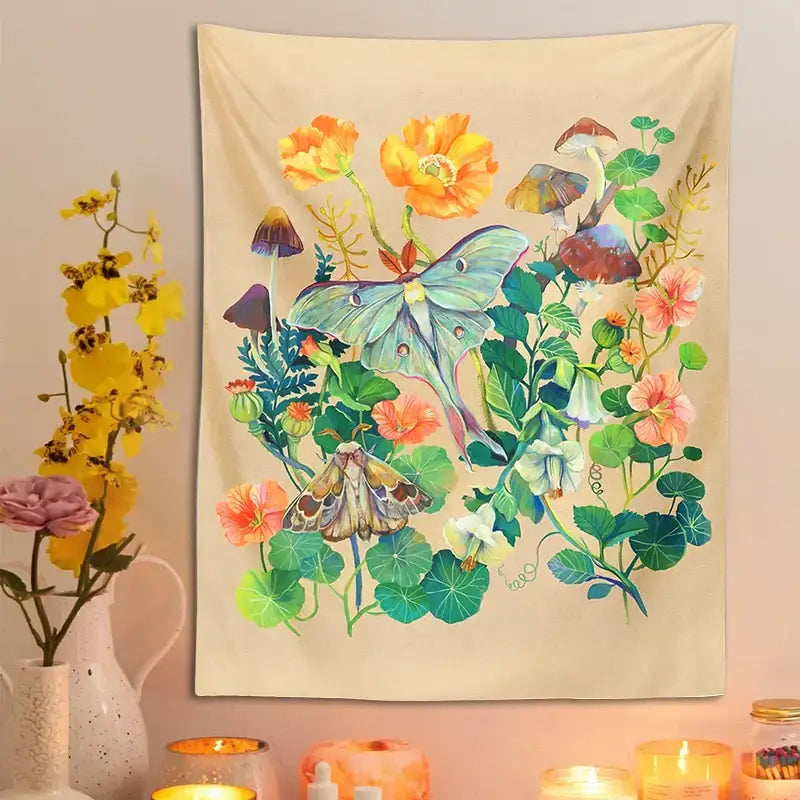 Boho beige luna moth tapestry bedroom botanical wall hanging