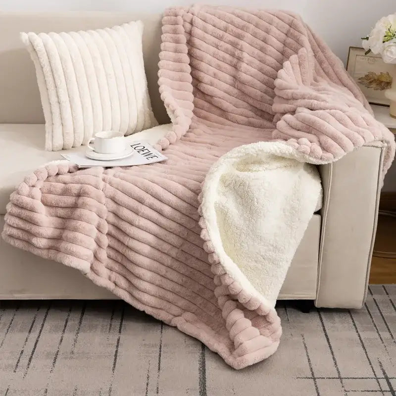 Cream textured faux-rabbit fur double-layer blanket bedroom throw