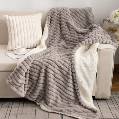 Cream textured faux-rabbit fur double-layer blanket bedroom throw