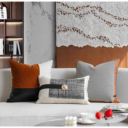 Cream luxe flannelette leather patchwork cushion cover living room