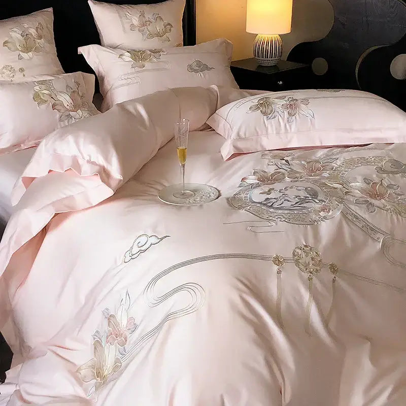Luxe pink satin floral bird embroidery bedding set bedroom luxury