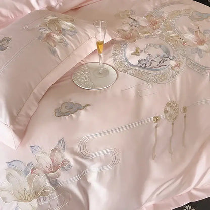 Luxe pink satin floral bird embroidery bedding set bedroom luxury