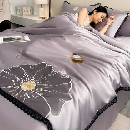 Luxe flower embroidered lavender satin quilt set bedroom decor