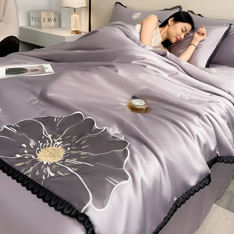 Luxe flower embroidered lavender satin quilt set bedroom decor