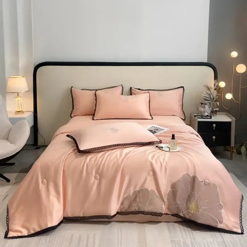 Luxe flower embroidered lavender satin quilt set bedroom decor
