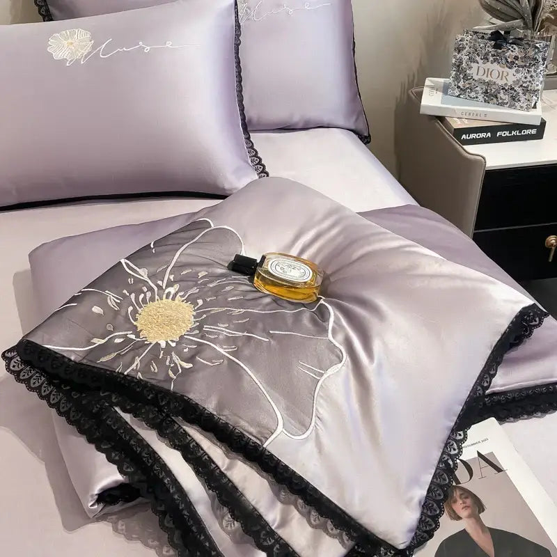 Luxe flower embroidered lavender satin quilt set bedroom decor