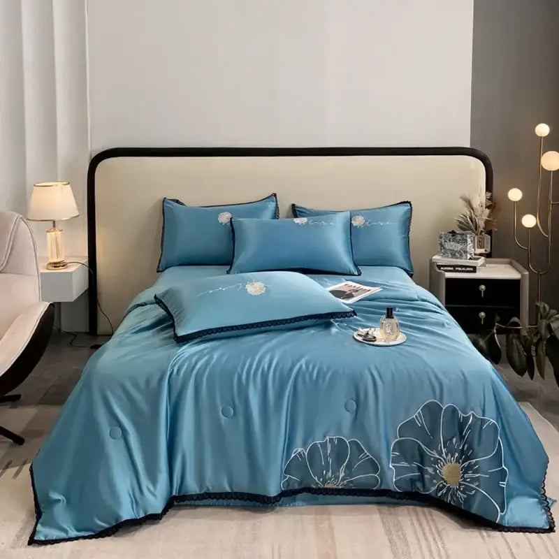 Luxe flower embroidered lavender satin quilt set bedroom decor