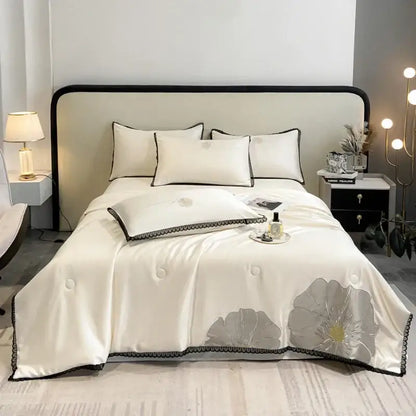Luxe flower embroidered lavender satin quilt set bedroom decor