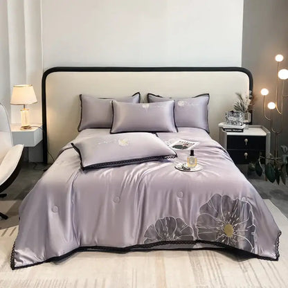 Luxe flower embroidered lavender satin quilt set bedroom decor