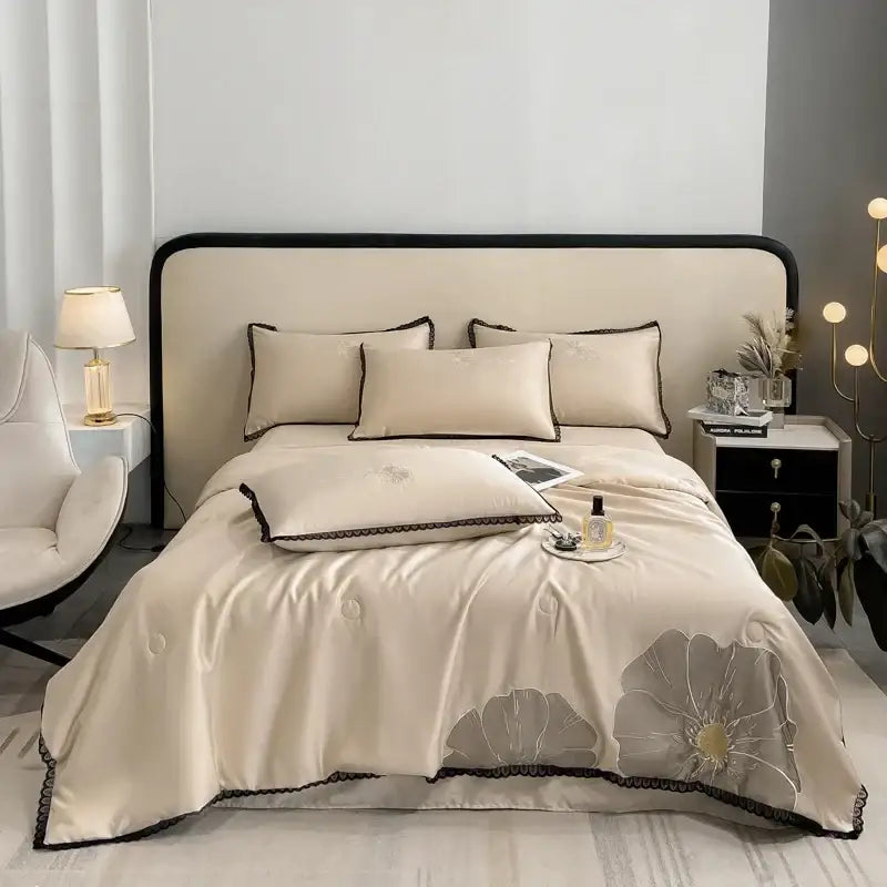 Luxe flower embroidered lavender satin quilt set bedroom decor