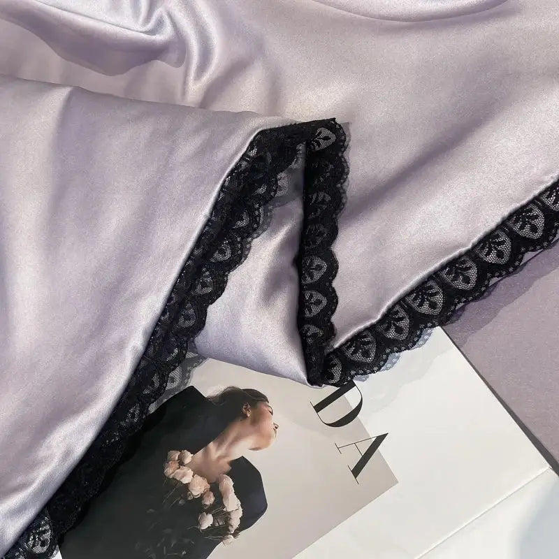 Luxe flower embroidered lavender satin quilt set bedroom decor