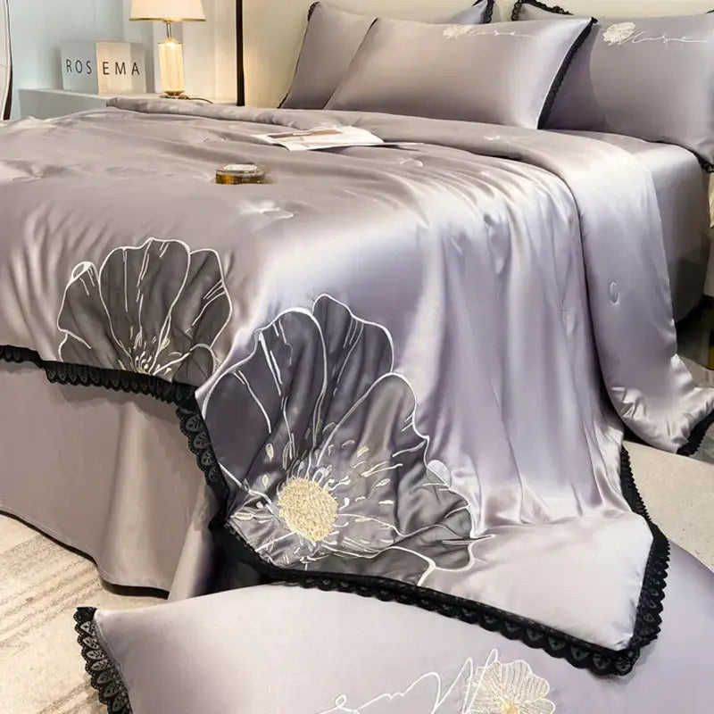 Luxe flower embroidered lavender satin quilt set bedroom decor