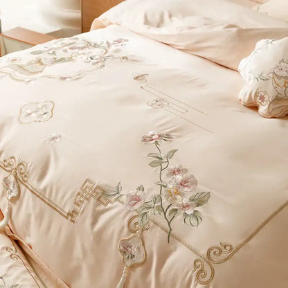 Luxe flowers cream egyptian cotton bedding set bedroom tassels