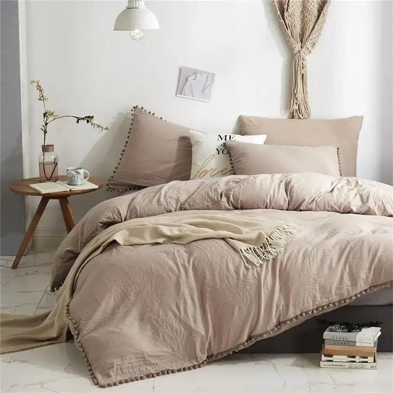 Luxe furball tasseled yellow bedding set bedroom pom pom duvet cover