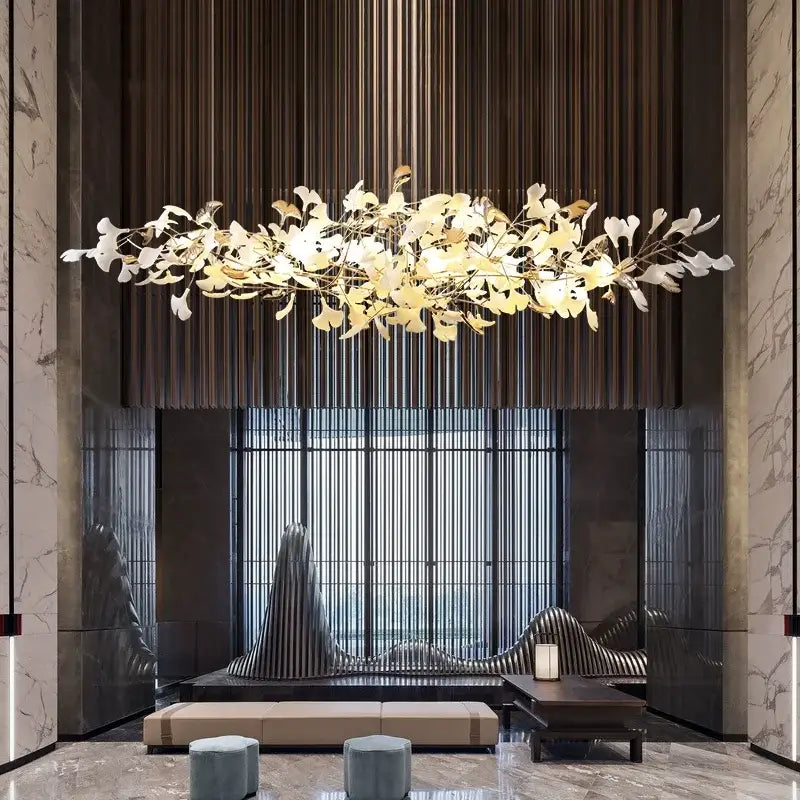 Luxe ginkgo leaves white & gold pendant light living room