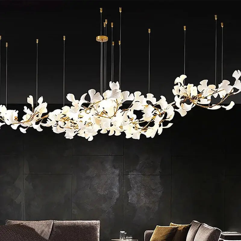 Luxe ginkgo leaves white & gold pendant light living room