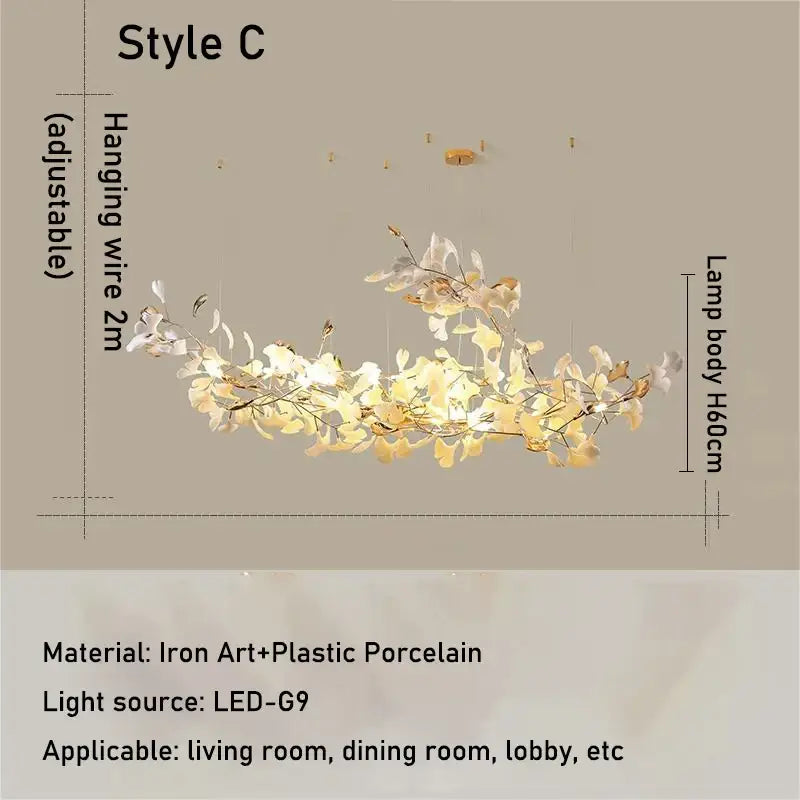 Luxe ginkgo leaves white & gold pendant light living room