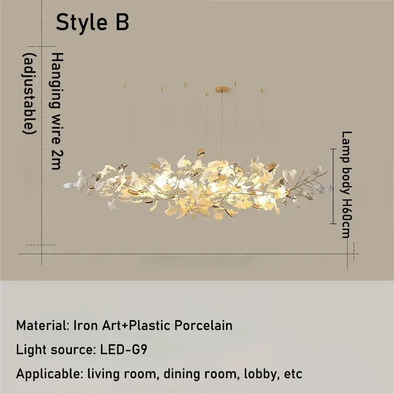 Luxe ginkgo leaves white & gold pendant light living room