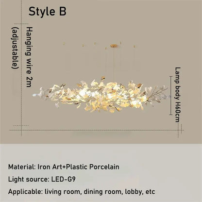 Luxe ginkgo leaves white & gold pendant light living room